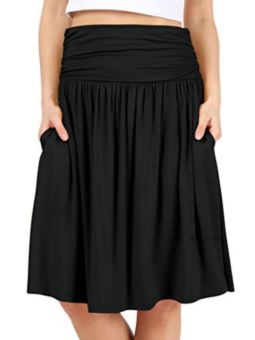 A-Line Midi Skirt Below Knee with Pockets Ruched Waist Pull On Stretch